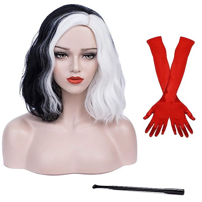 Juziviee Black White Wigs for Cruella Deville Costume Women Short Curly Wavy Hair Wigs for Party ... | Amazon (US)