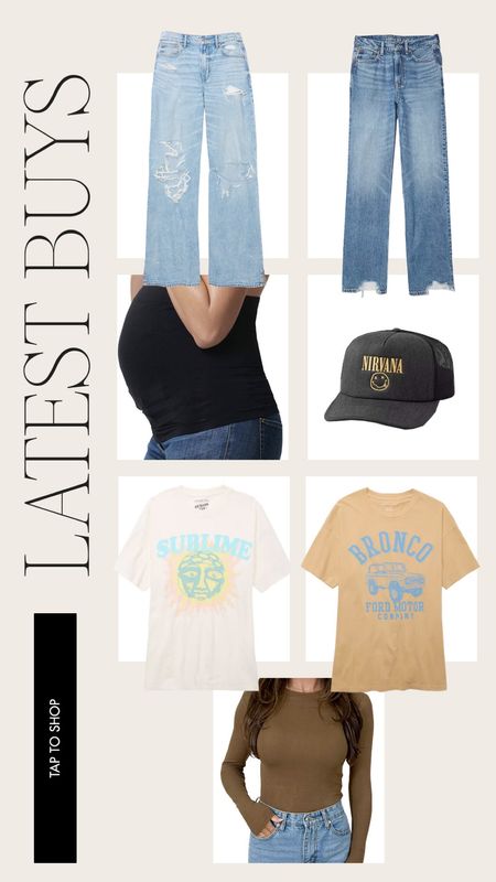 Latest buys that are my current faves on repeat — obsessing over these graphics and the wide leg jeans 🩵 

Maternity, bump friendly, oversized graphic tee, American eagle, trucker hats, belly band, pregnancy band 

#LTKbump #LTKSeasonal #LTKfindsunder100
