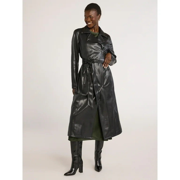 Scoop Women’s Faux Leather Moto Trench Coat, Sizes XS-XXL - Walmart.com | Walmart (US)