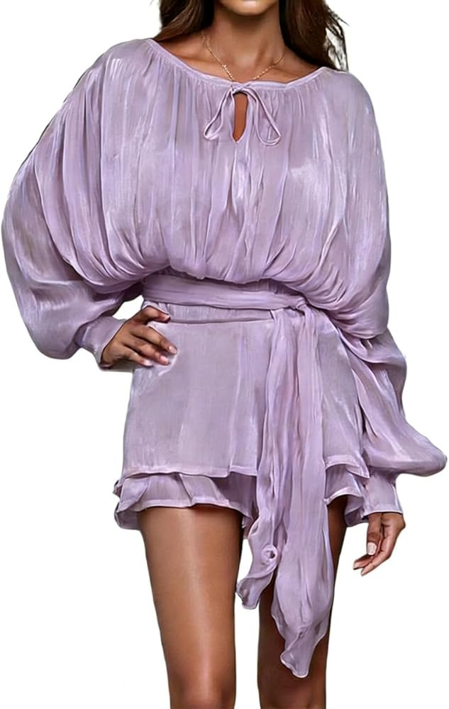 SOLILOQUY Women Long Puff Sleeve Chiffon Mini Dress Tie-up Belted Waist Flowy Sheer Ruffle Layere... | Amazon (US)