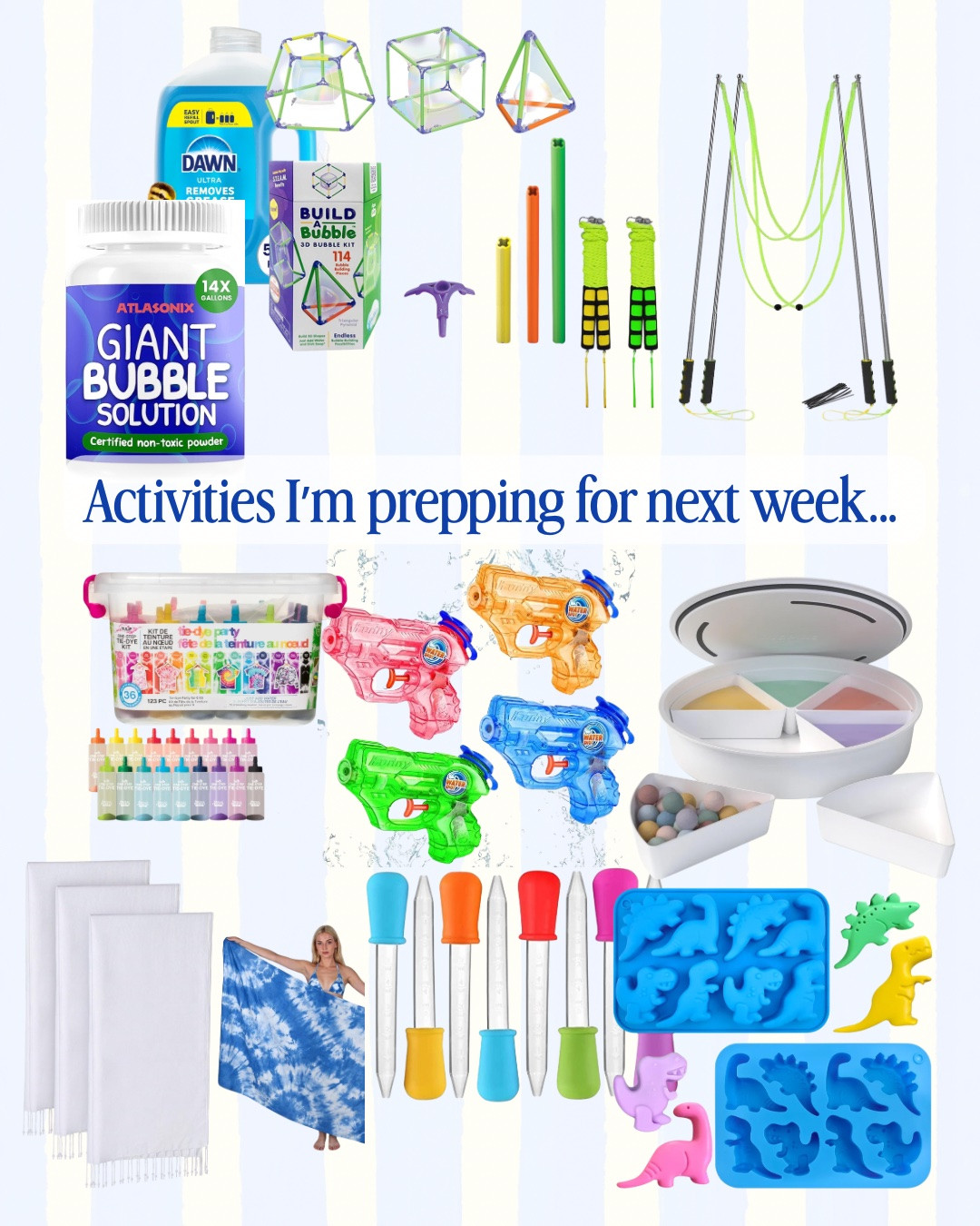 All the supplies I’m grabbing lately to set up activities for my kids next week! 

• Giant bubbles for some outdoor fun
• Fizzy frozen baking soda dinosaurs for some sensory fun 
• Tie dye beach towels made with mini water guns

#LTKKids #LTKmomlife