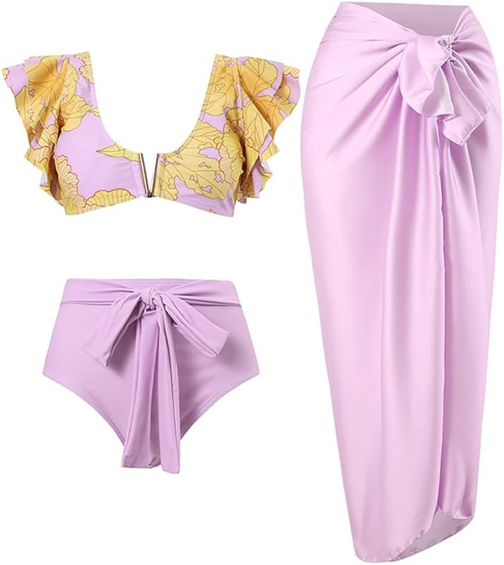 ABOCIW Womens Floral Print Bikini Sets with Swimsuit Coverup Long Beach Wrap Skirt 2 Piece High W... | Amazon (US)