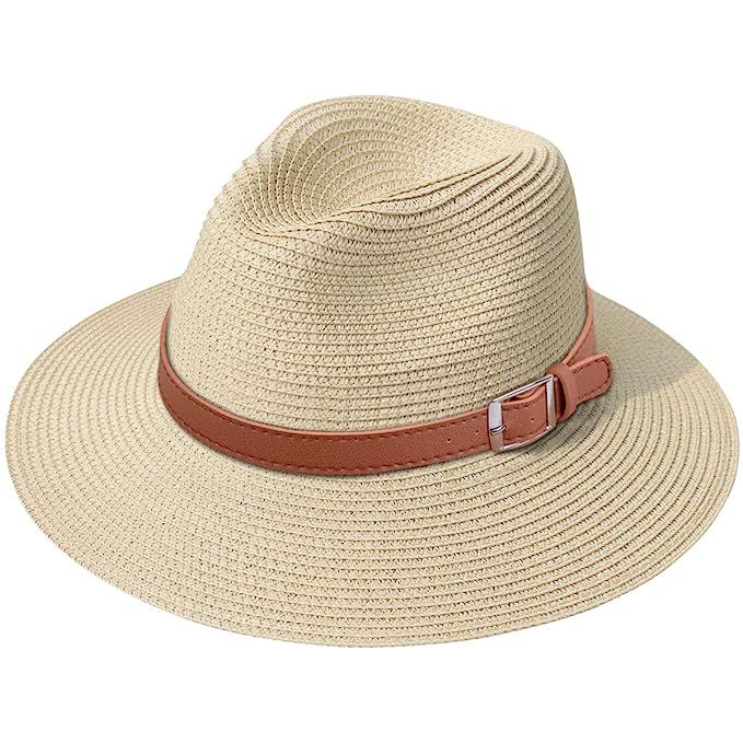 Lanzom Women Wide Brim Straw Panama Roll up Hat Fedora Beach Sun Hat UPF50+ | Amazon (US)