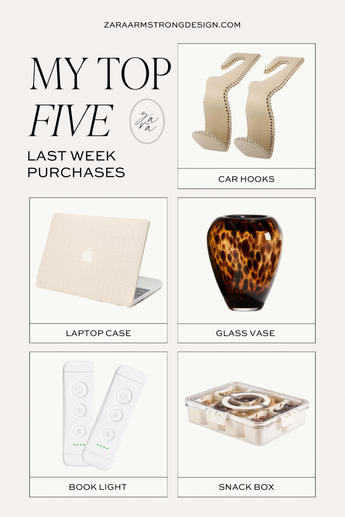 Top 5 purchases from last week 💫
— car hooks for car origination + car storage
— linen laptop case
— tortoise glass vase for my coffee table
— book light 
— snack box tray 

#LTKSaleAlert #LTKFindsUnder50 #LTKHome