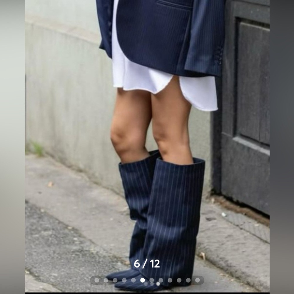 Zara Navy Pinstripe Heeled Boots Sz 8 | Poshmark