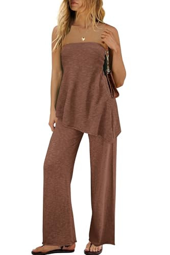 SENSERISE Womens 2 Piece Outfits Summer Knit Sweater Set Matching Lounge Set Off the Shoulder Tops and Pants(Brown,M) | Amazon (US)