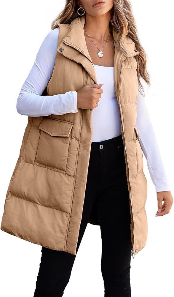 EVALESS Long Puffer Vest Women 2024 Zipper Sleeveless Quilted Vests with Pockets | Amazon (US)