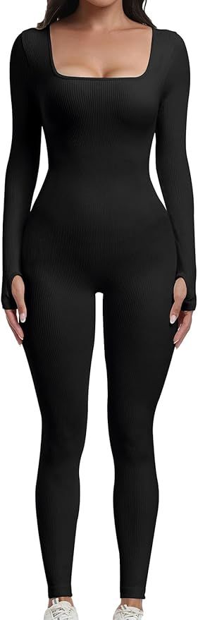 SeSe Code Women Yoga Jumpsuits Workout Ribbed Bodysuit Square Neck Bodycon Long Sleeve Sport Jump... | Amazon (US)