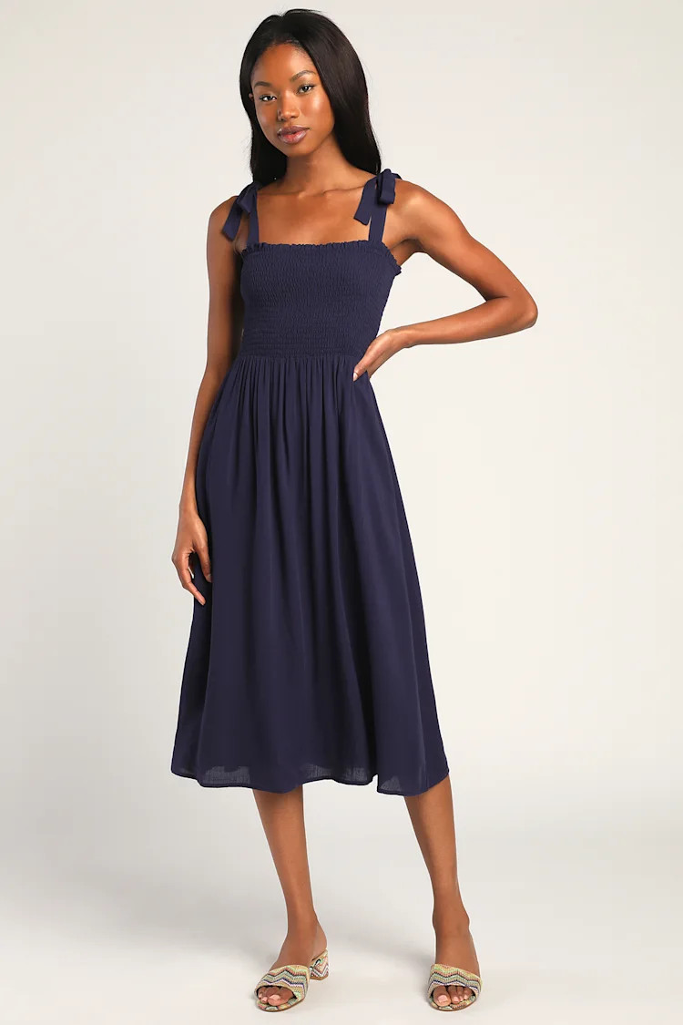 Looking Up Navy Blue Smocked Tie-Strap Midi Dress | Lulus (US)