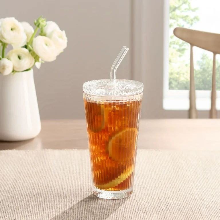 Better Homes & Gardens Ribbed Glass Tumbler With Lid And Straw | Walmart (US)