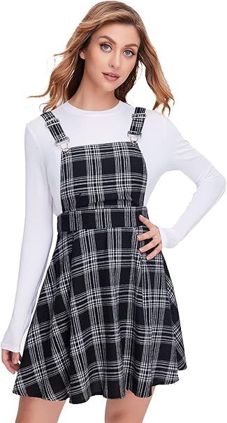 Amazon.com: OYOANGLE Women's Plaid Overall Pinafore Dress Adjustable Straps A Line Flare Dress : ... | Amazon (US)