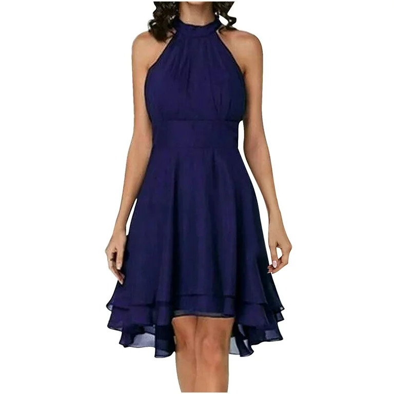 Chiffon Dresses for Women Plus Size Casual Solid Color Sleeveless Mock Neck Halter Midi Dress | Walmart (US)