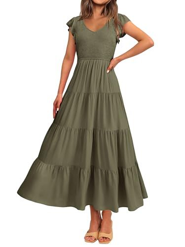 MASCOMODA Womens Summer Maxi Dress Casual V Neck Cap Sleeve Smocked Dresses Ruffle Tiered Beach Party Long Flowy Sundresses(Army Green,XX-Large) | Amazon (US)