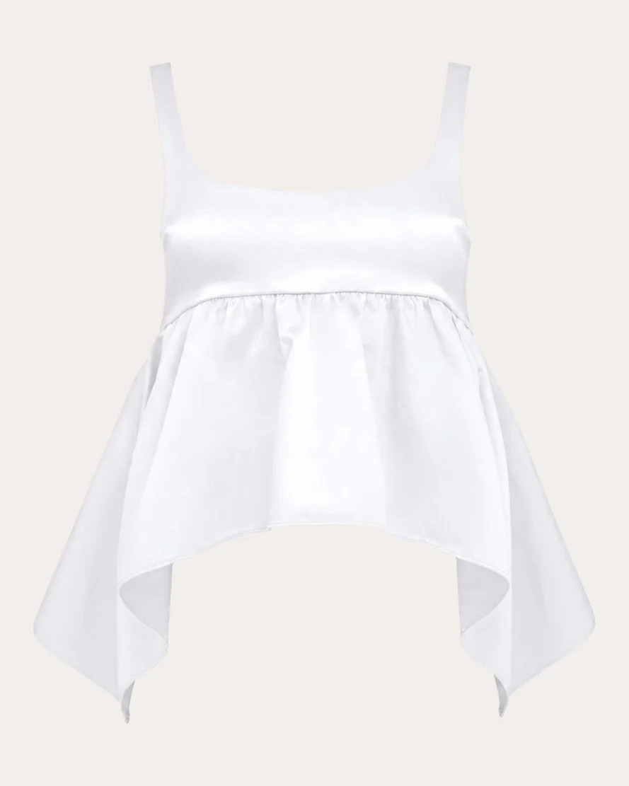 Azeeza Women's Esme Cupro Satin Empire-Waist Peplum Top in White Cotton/Viscose/Polyester | Olivela