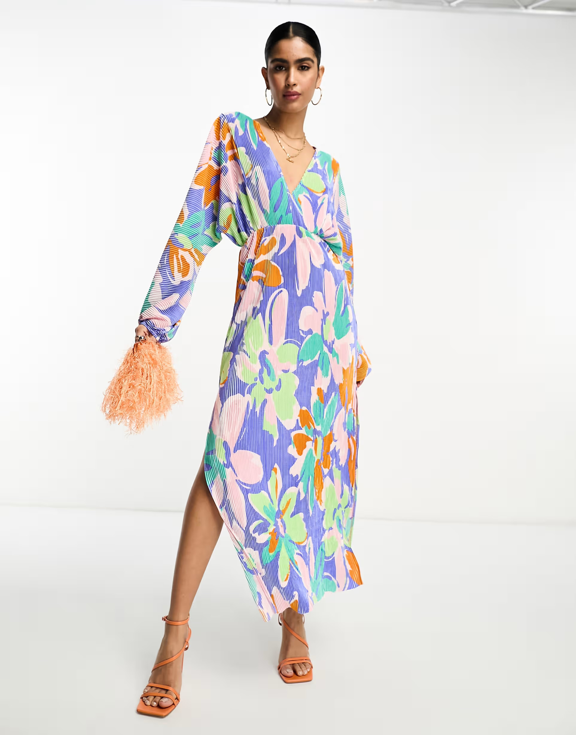 ASOS DESIGN long sleeve batwing midi dress with tie back in purple marble | ASOS (Global)