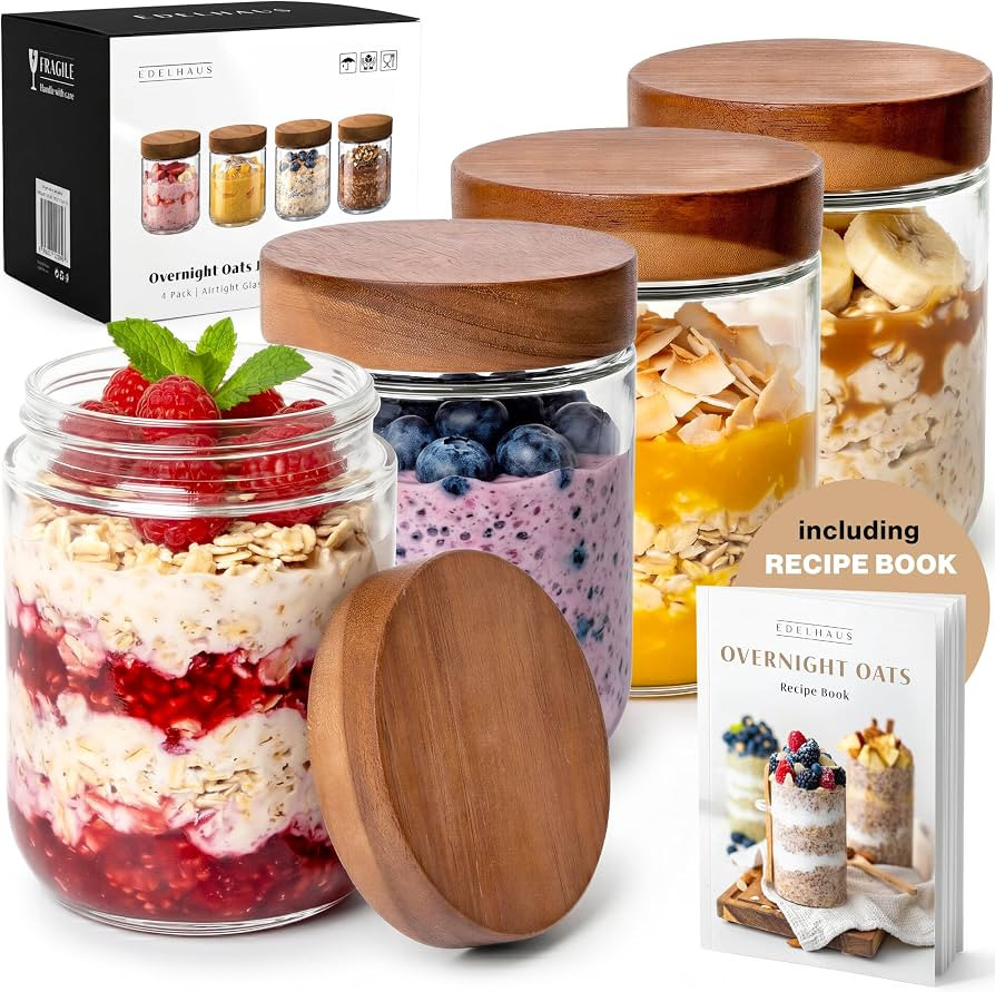 EDELHAUS Overnight Oats Containers with Lids - Glass Mason Jars, Meal Prep | Amazon (US)