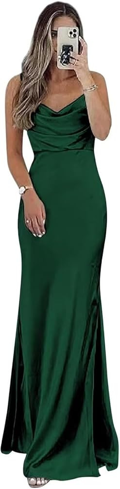 Satin Bridesmaid Dress for Women Spaghetti Straps Slit Prom Dress Formal | Amazon (US)