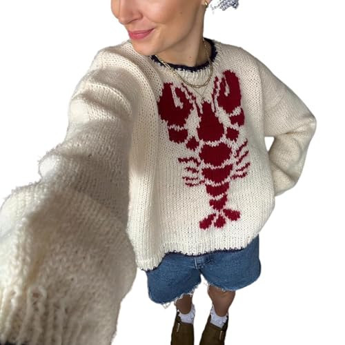 Pinclodly Lobster Knit Cardigan Sweater for Women Long Sleeve Oversized Lobster Graphic Cardigans Vintage Goth Sweater Coat Red Black | Amazon (US)