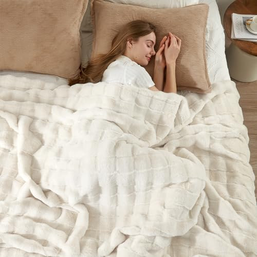 Cozy Bliss Fluffy Faux Fur Blanket Queen Size for Bed, Fuzzy Soft Striped Plush Blanket, Thick Throw for Bedroom Couch Gift, 90x90 Inches Cream White | Amazon (US)
