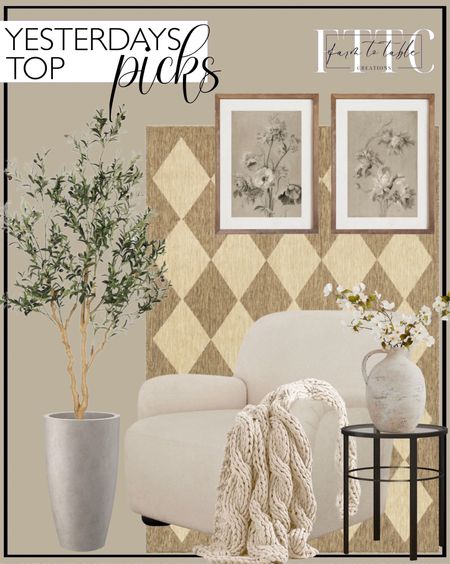 Yesterday’s Top Picks. Follow @farmtotablecreations on Instagram for more inspiration.

Realead Faux Olive Tree 7ft - Realistic Tall Silk Olive Trees Artificial Indoor Decor - Large Potted Fake Olive Tree with Branches and Fruits - Artificial Olive Trees. Kante 23.6" H Weathered Concrete Finish Concrete Tall Planters Large Outdoor Indoor Decorative Plant Pots with Drainage Hole and Rubber Plug, Modern Tapered Style for Home and Garden. Eva Glass End Table. Colossal Handknit Throw. nuLOOM Sabina Diamond Trellis Indoor/Outdoor Area Rug, 9' 6" x 12', Beige. Better Homes & Gardens Waylen Accent Chair, by Dave & Jenny Marrs. Artisan Handcrafted Vase Large Jug with Handle. Antique Neutral Floral Print Set. Digital Art Prints. 

#LTKfindsunder50 #LTKhome #LTKsalealert