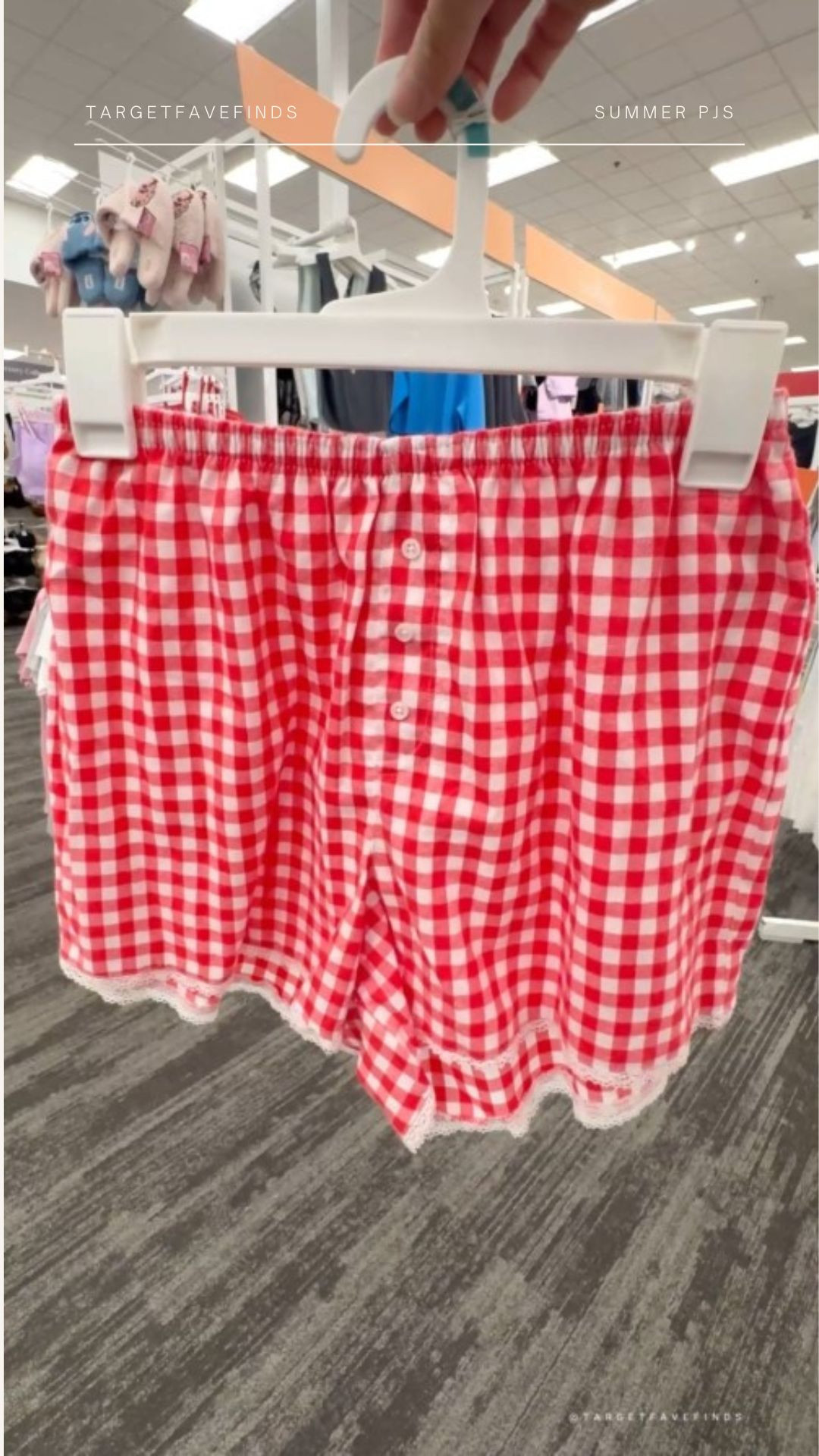 gingham pajama shorts, lace trim, red, also comes other colors 

 #LTKSummerEdit
