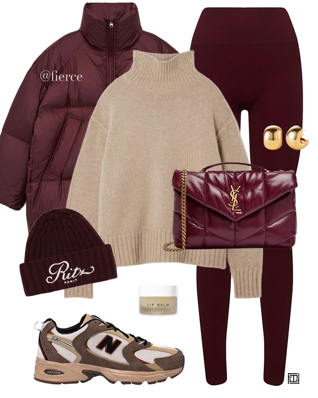 burgundy puffer jacket burgundy leggings beige turtleneck jumper burgundy cross body bag new balance 530 sneakers burgundy beanie hat christmas market weekend travel school run shopping look 