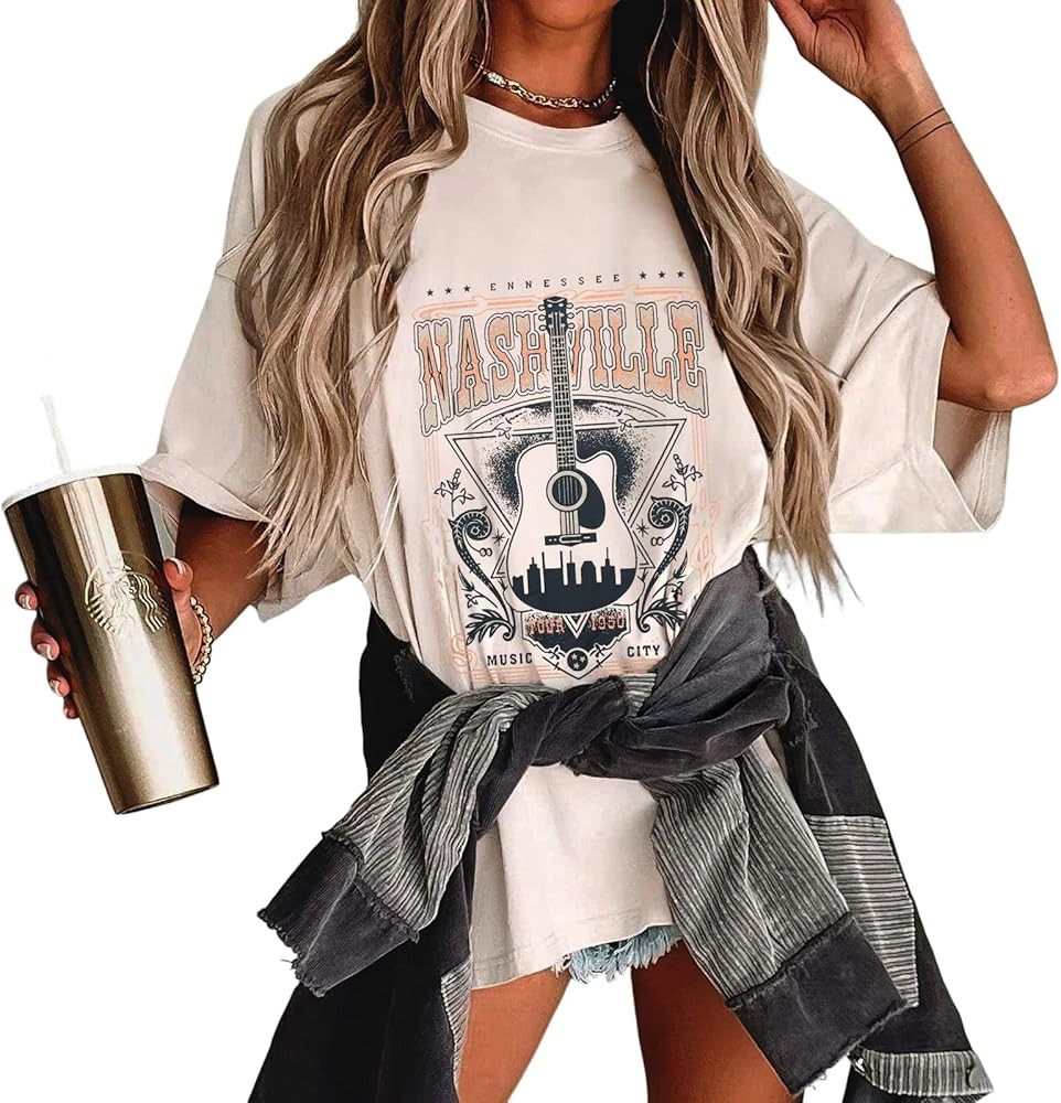 Womens Country Music Shirts Nashville Music City T-Shirt Vintage Guitar Oversized Graphic Tee Sum... | Amazon (US)