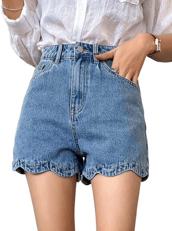 SweatyRocks Women's Casual High Waisted Zip Up Denim Shorts Scallop Trim Straight Leg Jean Shorts | Amazon (US)
