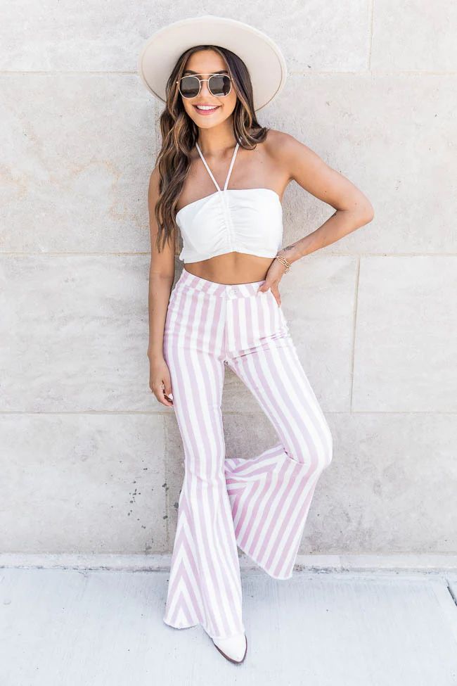 Call You Up Mauve/White Striped Bell Bottom Flare Pants FINAL SALE | Pink Lily