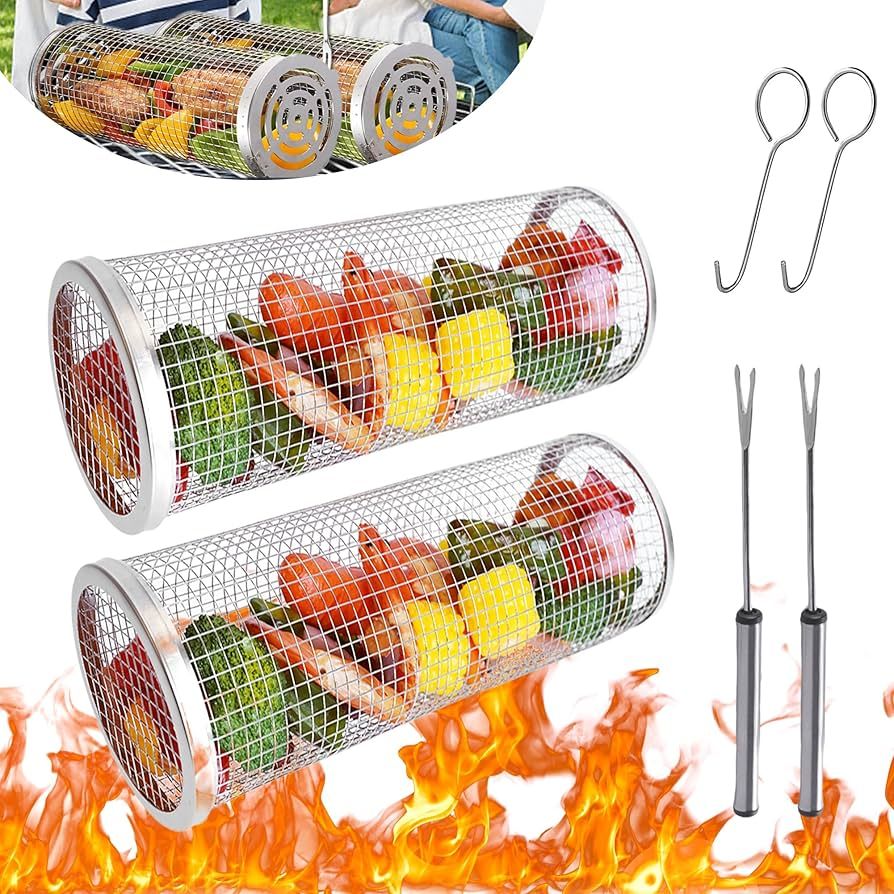 OSVINO 2PCS Rolling Grill Baskets, Round Grill Rack, Stainless Steel BBQ Grill Mesh for Outdoor B... | Amazon (US)