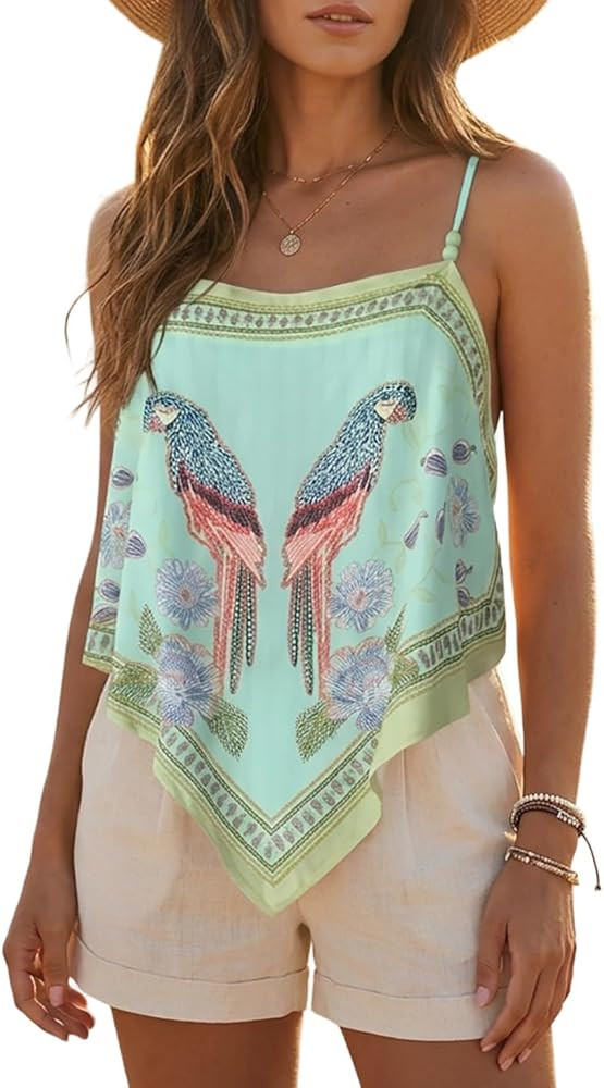 CHICME Tropical Tops for Women Parrot Floral Print Cami Top Beaded Spaghetti Strap Boho Vacation ... | Amazon (US)