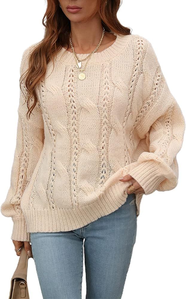 OGIREKAR Women 2022 Cute Soft Crewneck Long Sleeve Hollow Cable Knit Oversized Pullover Sweater | Amazon (US)