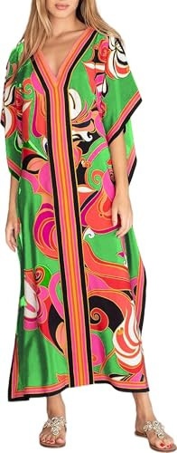 Cashew Flower Silk Caftan Women Vneck beach Cover up Caftans Loose Plus Size Floral Print Side Split Kaftan Dresses 87091-8 | Amazon (US)