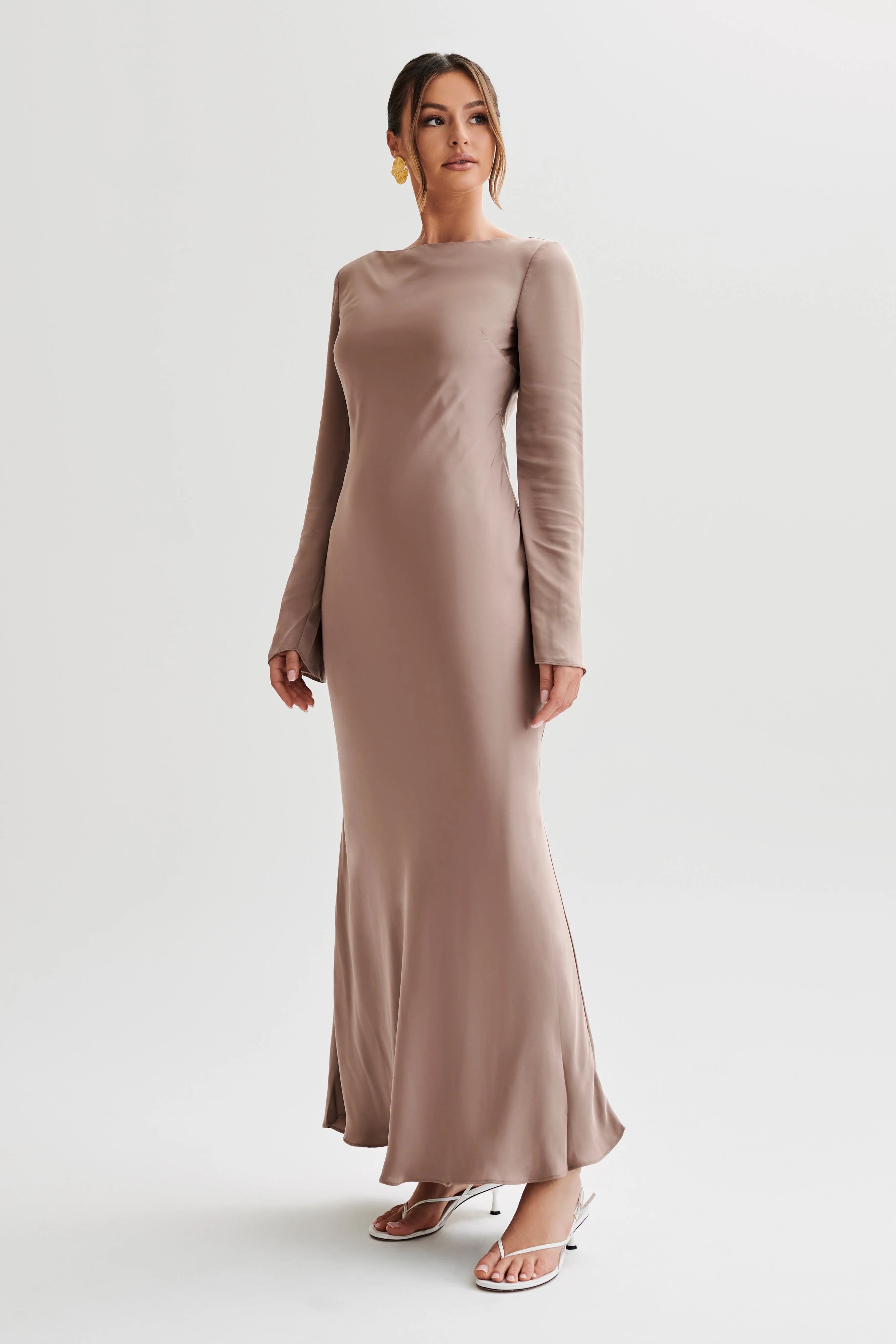 Rayleigh Long Sleeve Satin Maxi Dress - Mocha | MESHKI US