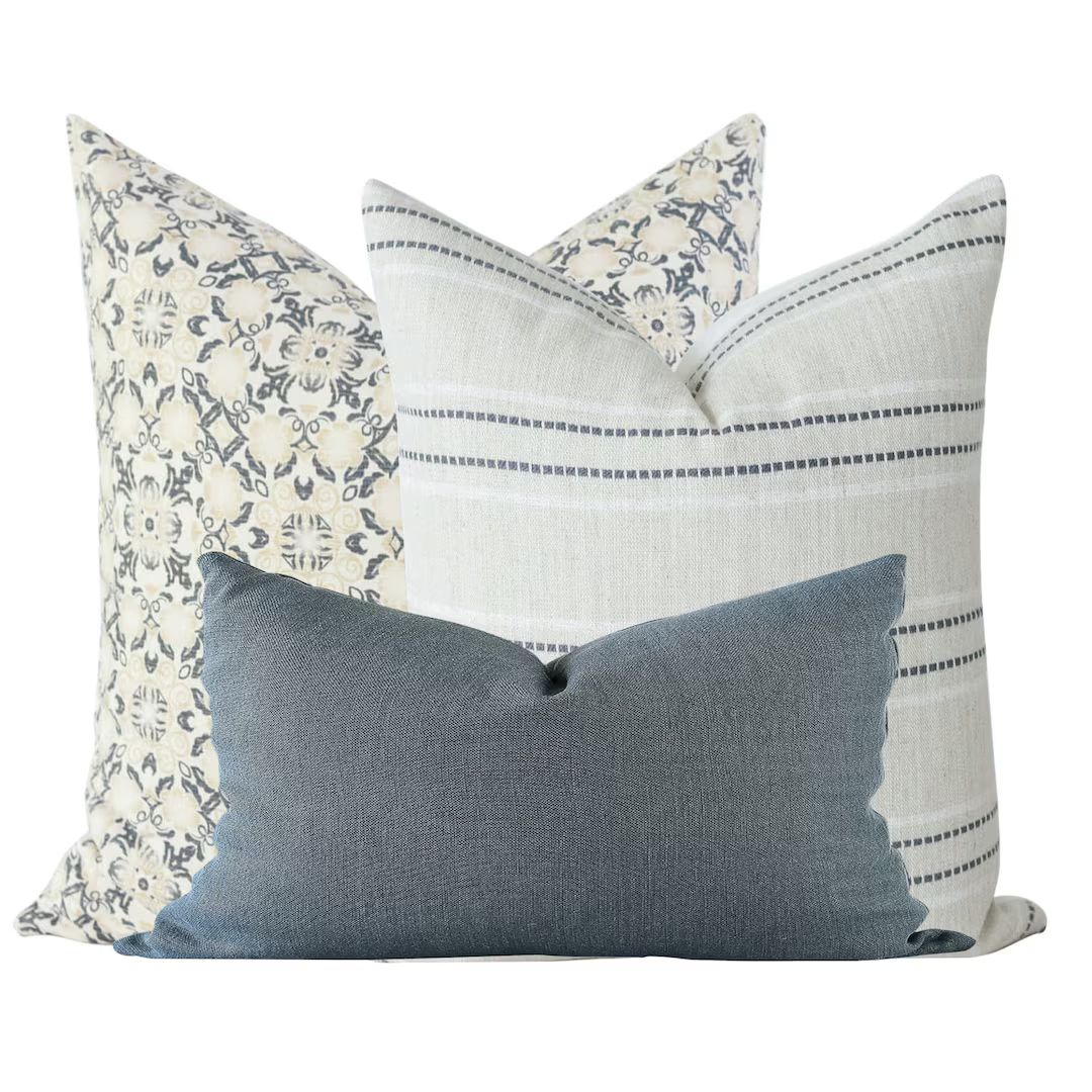 Pillow Combination Set, Floral Pillow Cover, Designer Pillow, Blue Linen Pillow Cover, Striped Pi... | Etsy (US)