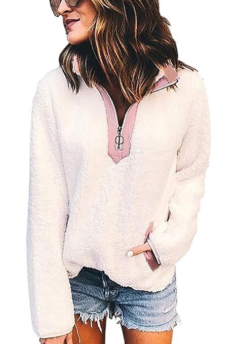 BTFBM Womens Fleece Sherpa Fuzzy Zipper Long Sleeve Loose Pullover Fashion Contrast Color-Block P... | Amazon (US)