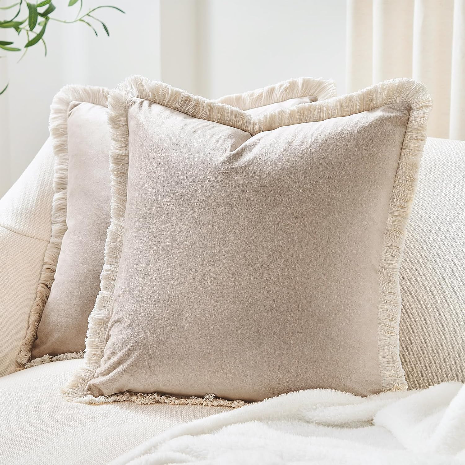 MONDAY MOOSE Decorative Throw Pillow Covers Cushion Cases, Set of 2 Soft Velvet Modern Fringe Tassel Designs, Mix and Match for Home Decor, Pillow Inserts Not Included (18x18 inch, Beige) | Amazon (US)