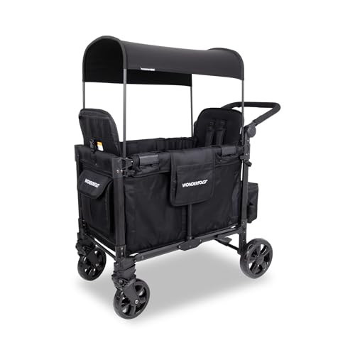 WONDERFOLD W2 Elite Pro Stroller Wagon (2 Seater) - Collapsible Wagon Stroller with Seats with 5-Point Harnesses, Adjustable Push Handle, and Adjustable Sun Canopy, Jet Black | Amazon (US)