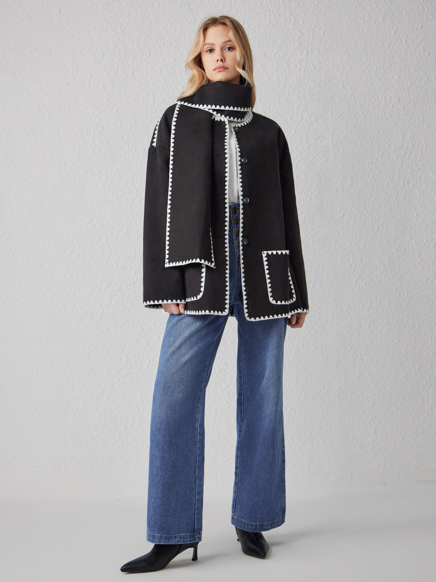 Tweed Tweed Round Neck Solid Pocket Jacket With Scarf For Daily Casual | Cider