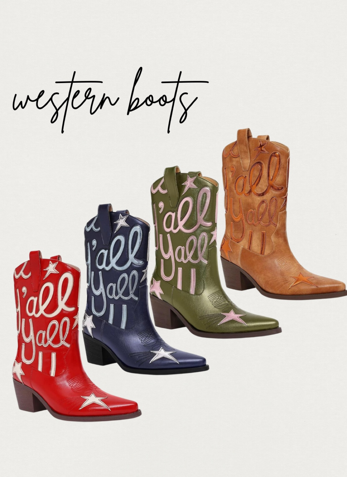 Rodeo season is around the corner. How adorable are these boots for under $75?? They come in more colors but here are a few of my fav 🫶🏼 

Rodeo boots, houston rodeo, western boots, cowgirl boots, cowboy boots, yall, metallic boots, boots with stars 

#LTKShoeCrush #LTKFindsUnder100