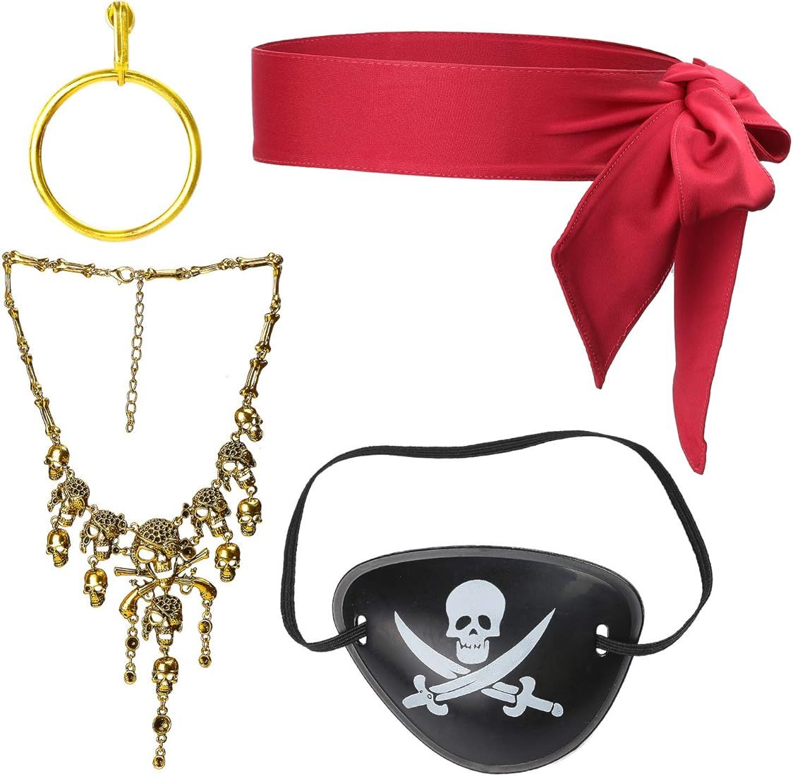 Beelittle Captain Pirate Costume Accessories Set Red Headband Pirate Skull Eye Patch Gold Earrrin... | Amazon (US)