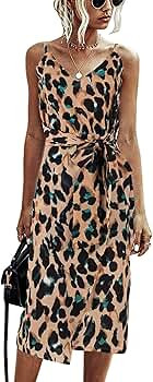 Angashion Women's Dresses - Sexy V Neck Spaghetti Strap Floral Leopard Printed Split Party Tulip ... | Amazon (US)