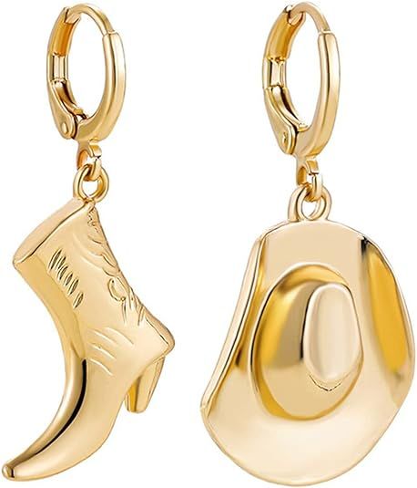 Gold Huggie Hoop Earrings Dainty Hat Boots Dangle Earrings Cowboy Cowgirl Asymmetrical Statement ... | Amazon (US)