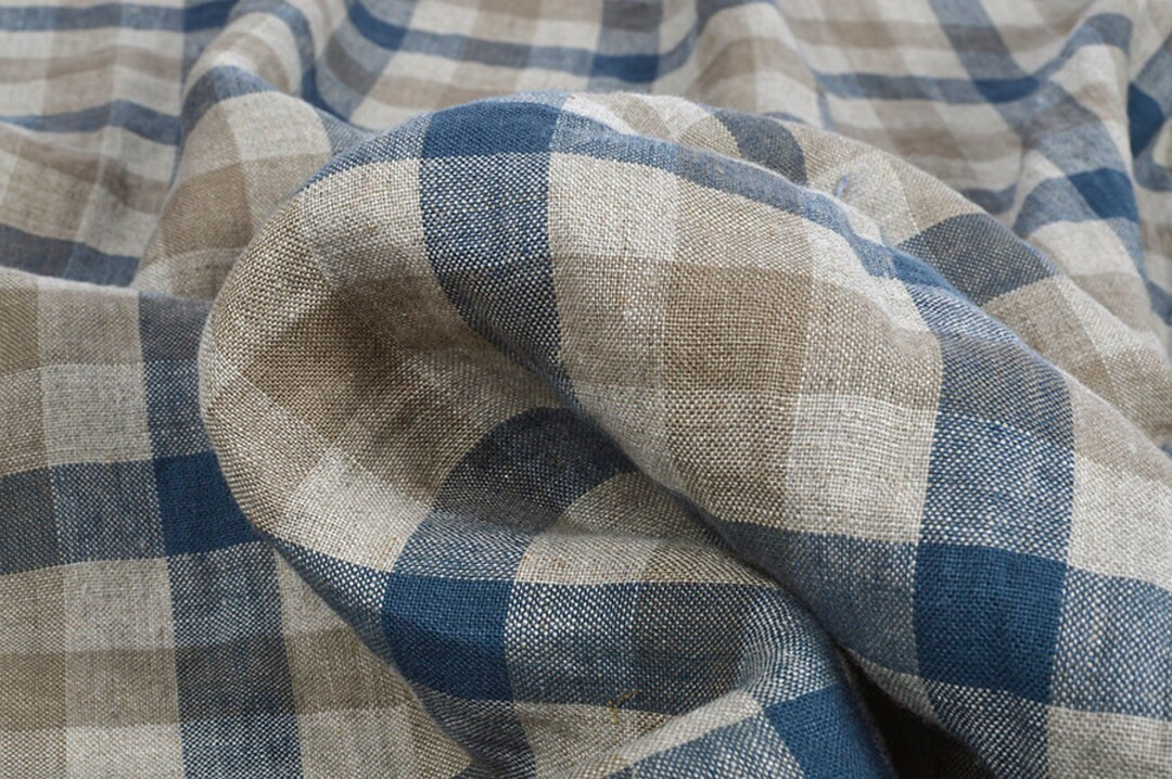 Checked pure linen fabric, blue brown gingham chessboard linen, 200 GSM, softened washed linen fa... | Etsy (US)