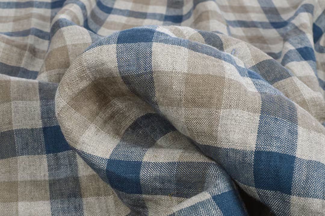 Checked pure linen fabric, blue brown gingham chessboard linen, 200 GSM, softened washed linen fa... | Etsy (US)