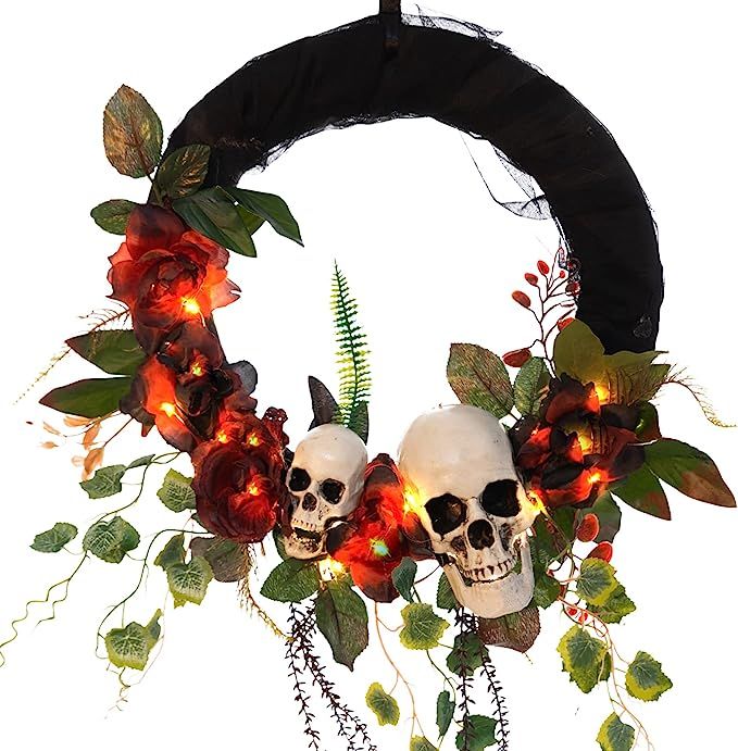 HOLLO STAR 15 Inch Halloween Wreath with LED Lights and 3 AA Batteries, Spooky Skull Wreath with ... | Amazon (US)