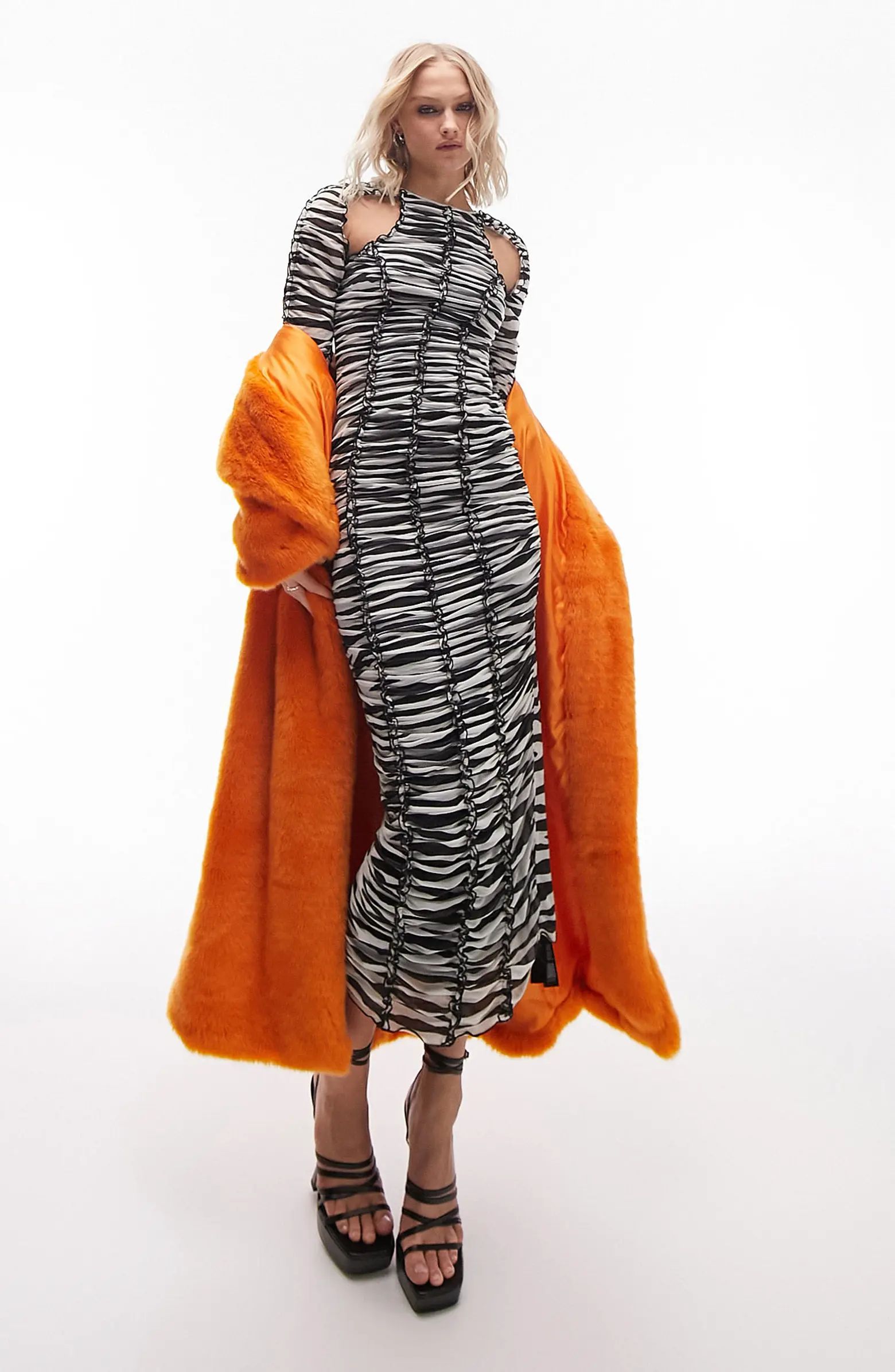 Topshop Zebra Ruched Cutout Long Sleeve Mesh Midi Dress | Nordstrom | Nordstrom