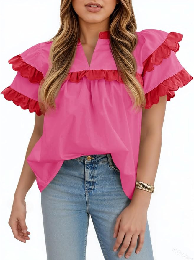 Tankaneo Womens Ruffle Sleeve Babydoll Tops Color Block Summer V Neck Pleated Blouse Dressy Casua... | Amazon (US)