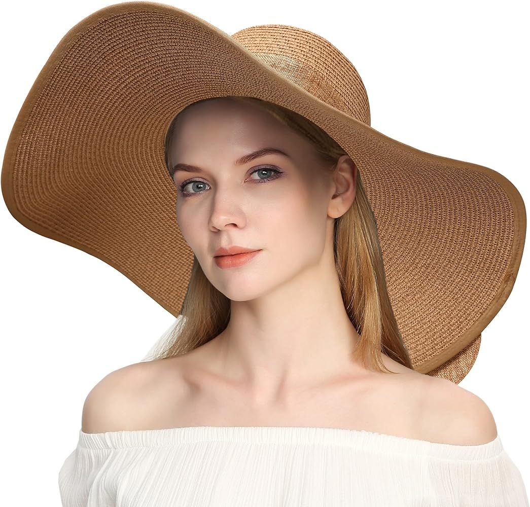 Womens Sun Straw Hat Wide Brim UPF 50+ UV Summer Hat Travel Foldable Floppy Beach Hats | Amazon (US)