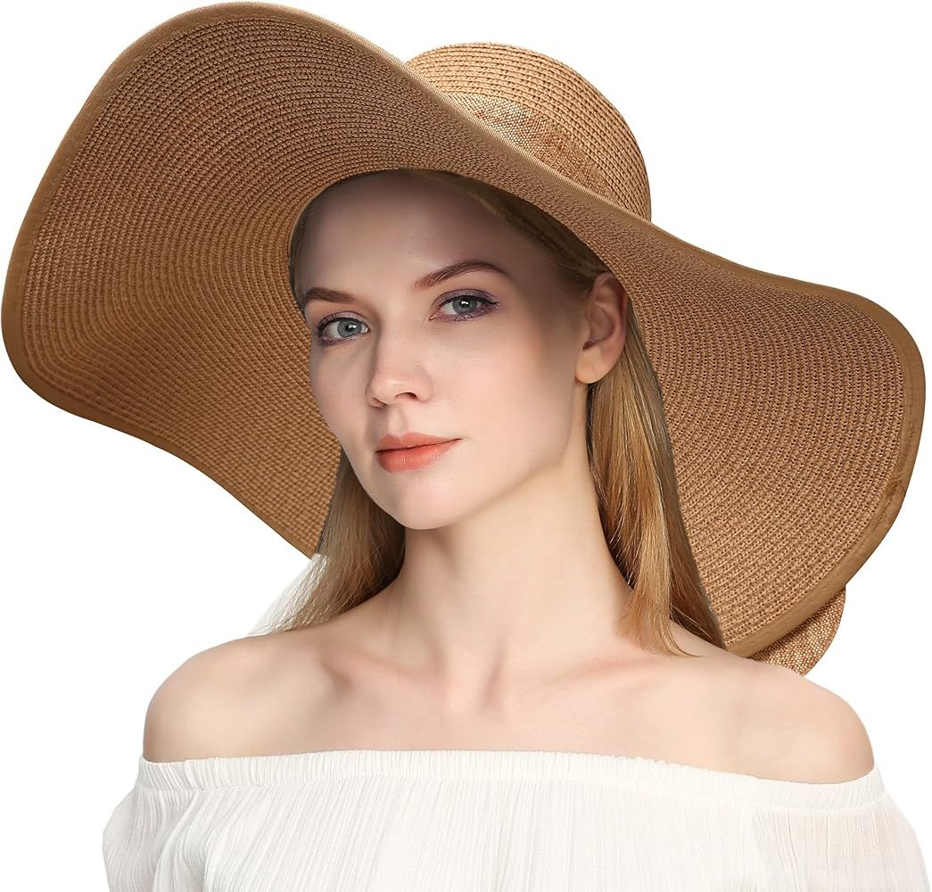 Womens Sun Straw Hat Wide Brim UPF 50+ UV Summer Hat Travel Foldable Floppy Beach Hats | Amazon (US)